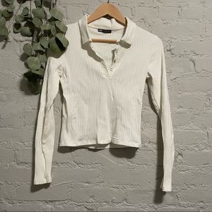 Zara White Ribbed Polo Long Sleeve Top